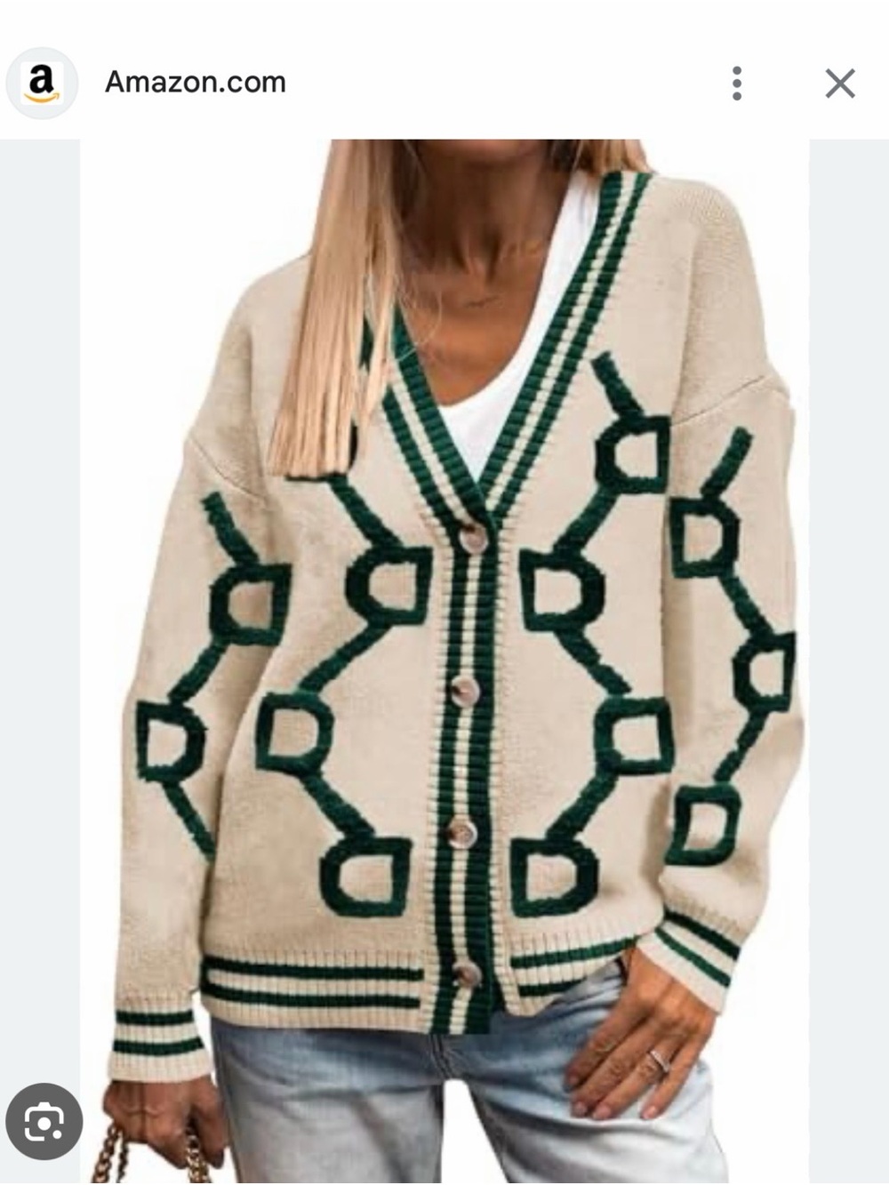Beige and Green Open-Front Knit Cardigan Sweater - Picture 2 of 4